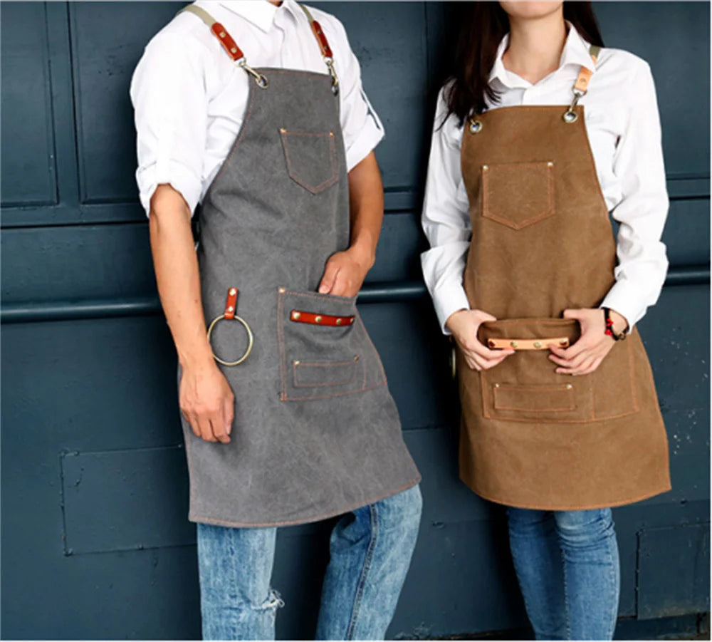 Canvas Bib Fabric Chef Kitchen Apron Women Men Barista Bartender Pockets Home Barber Coffee Restaurant Protective Pinafore