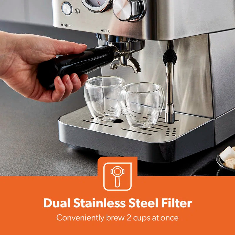 Espresso & Cappuccino Coffee Machine Milk Frother, 15 Bar Pressure- 1.8L Water Tank, 1140W - Silver