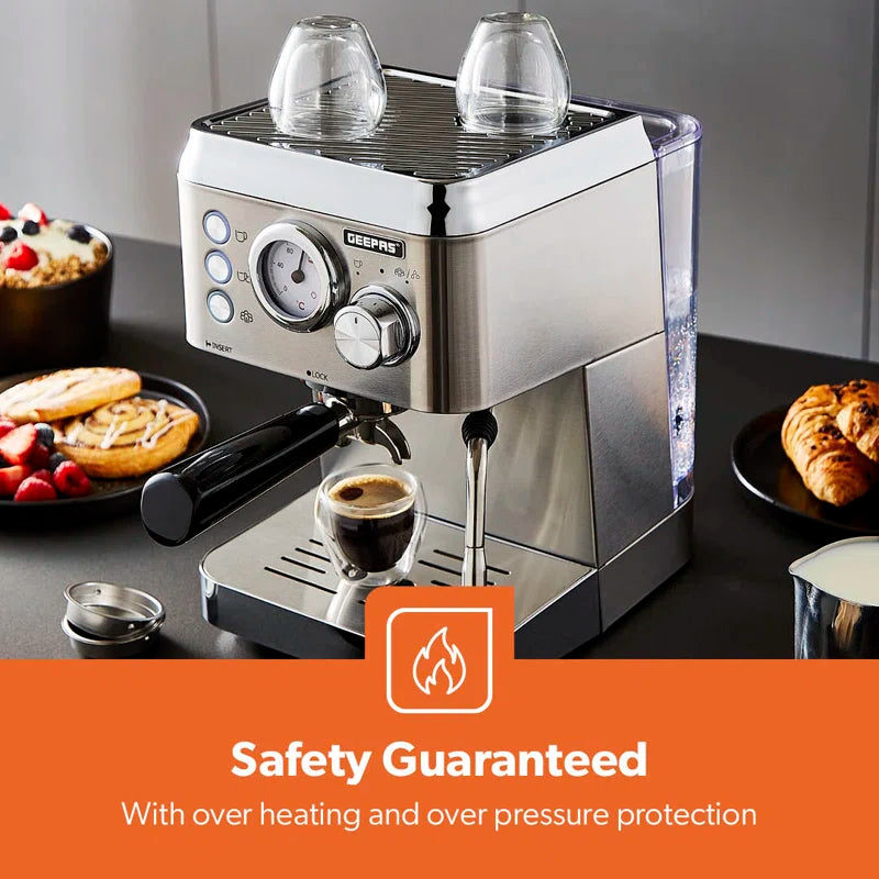 Espresso & Cappuccino Coffee Machine Milk Frother, 15 Bar Pressure- 1.8L Water Tank, 1140W - Silver