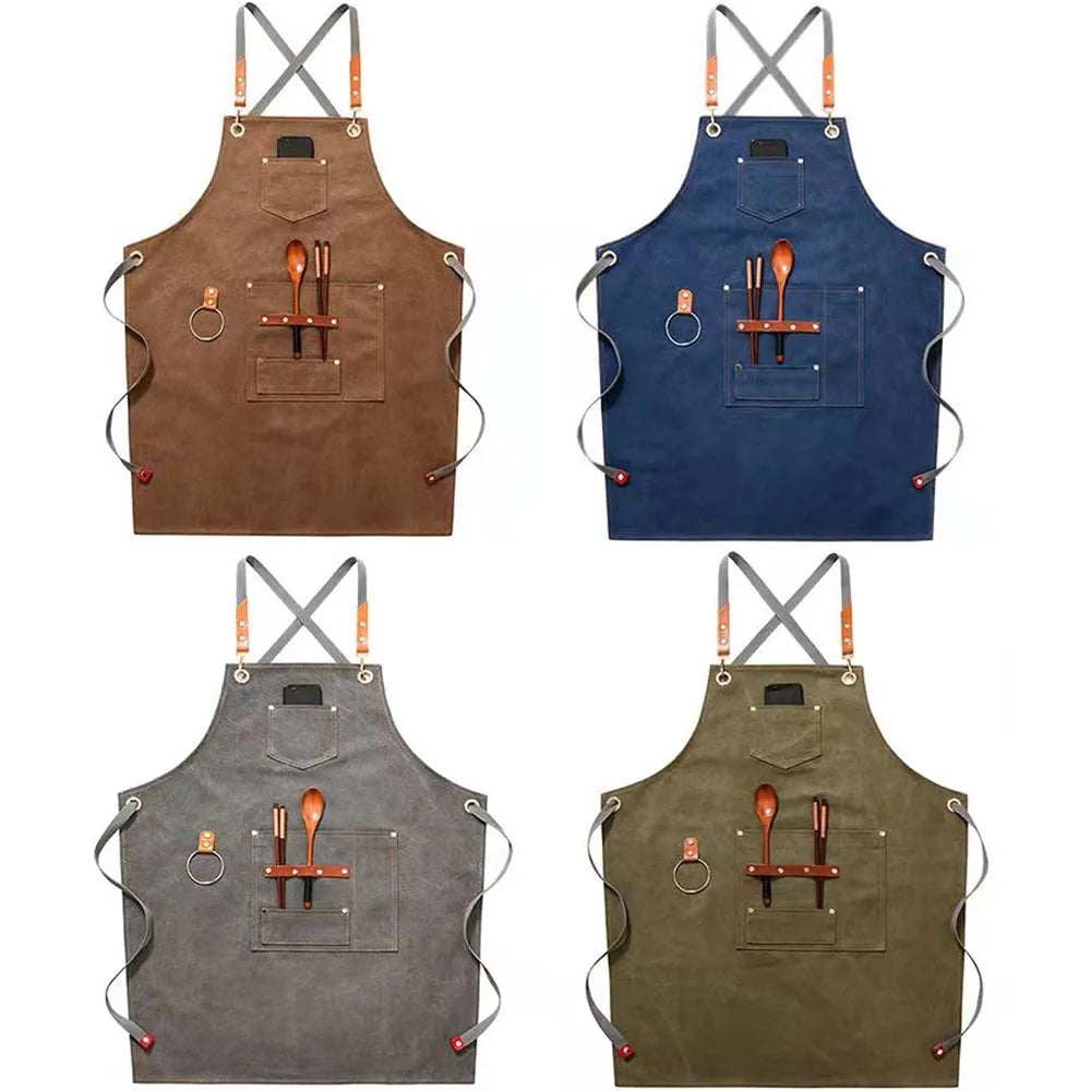 Canvas Bib Fabric Chef Kitchen Apron Women Men Barista Bartender Pockets Home Barber Coffee Restaurant Protective Pinafore
