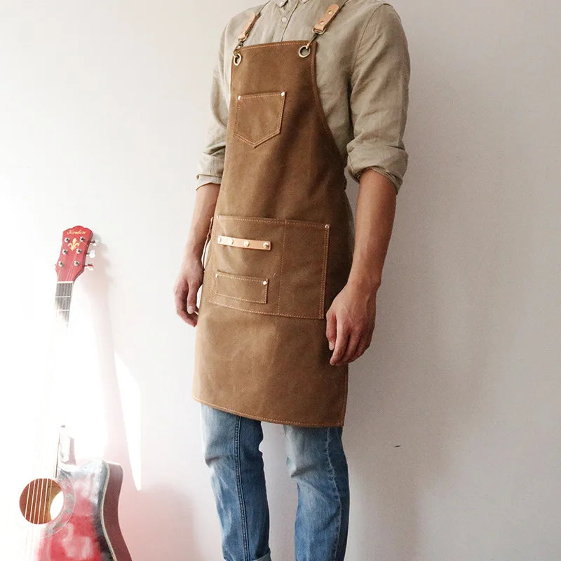 Canvas Bib Fabric Chef Kitchen Apron Women Men Barista Bartender Pockets Home Barber Coffee Restaurant Protective Pinafore