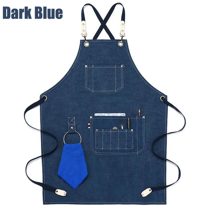 Canvas Bib Fabric Chef Kitchen Apron Women Men Barista Bartender Pockets Home Barber Coffee Restaurant Protective Pinafore