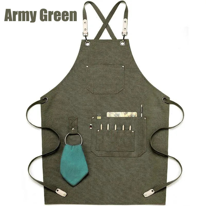 Canvas Bib Fabric Chef Kitchen Apron Women Men Barista Bartender Pockets Home Barber Coffee Restaurant Protective Pinafore