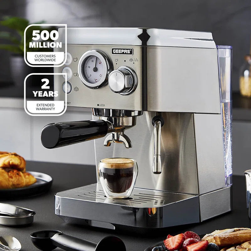 Espresso & Cappuccino Coffee Machine Milk Frother, 15 Bar Pressure- 1.8L Water Tank, 1140W - Silver