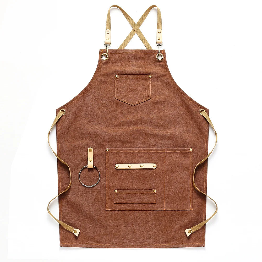 Canvas Bib Fabric Chef Kitchen Apron Women Men Barista Bartender Pockets Home Barber Coffee Restaurant Protective Pinafore