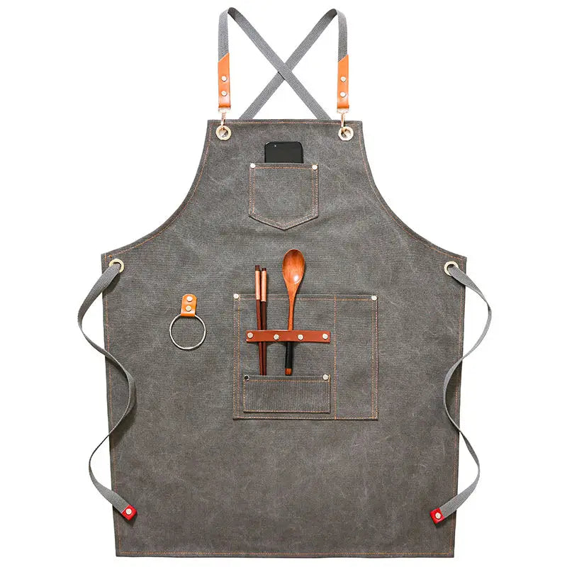 Canvas Bib Fabric Chef Kitchen Apron Women Men Barista Bartender Pockets Home Barber Coffee Restaurant Protective Pinafore