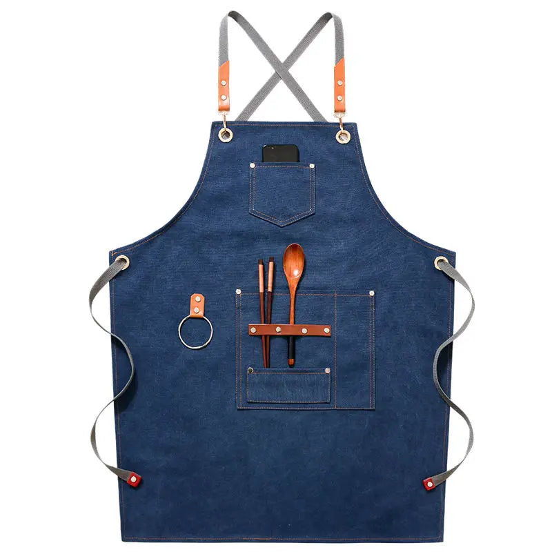 Canvas Bib Fabric Chef Kitchen Apron Women Men Barista Bartender Pockets Home Barber Coffee Restaurant Protective Pinafore