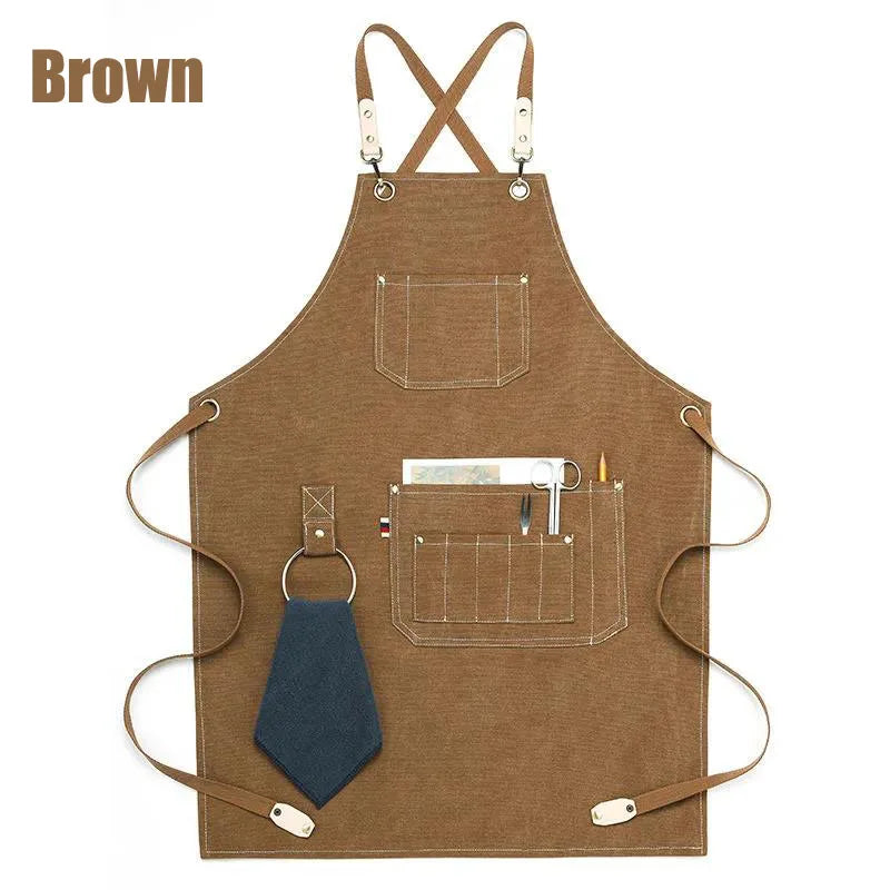Canvas Bib Fabric Chef Kitchen Apron Women Men Barista Bartender Pockets Home Barber Coffee Restaurant Protective Pinafore