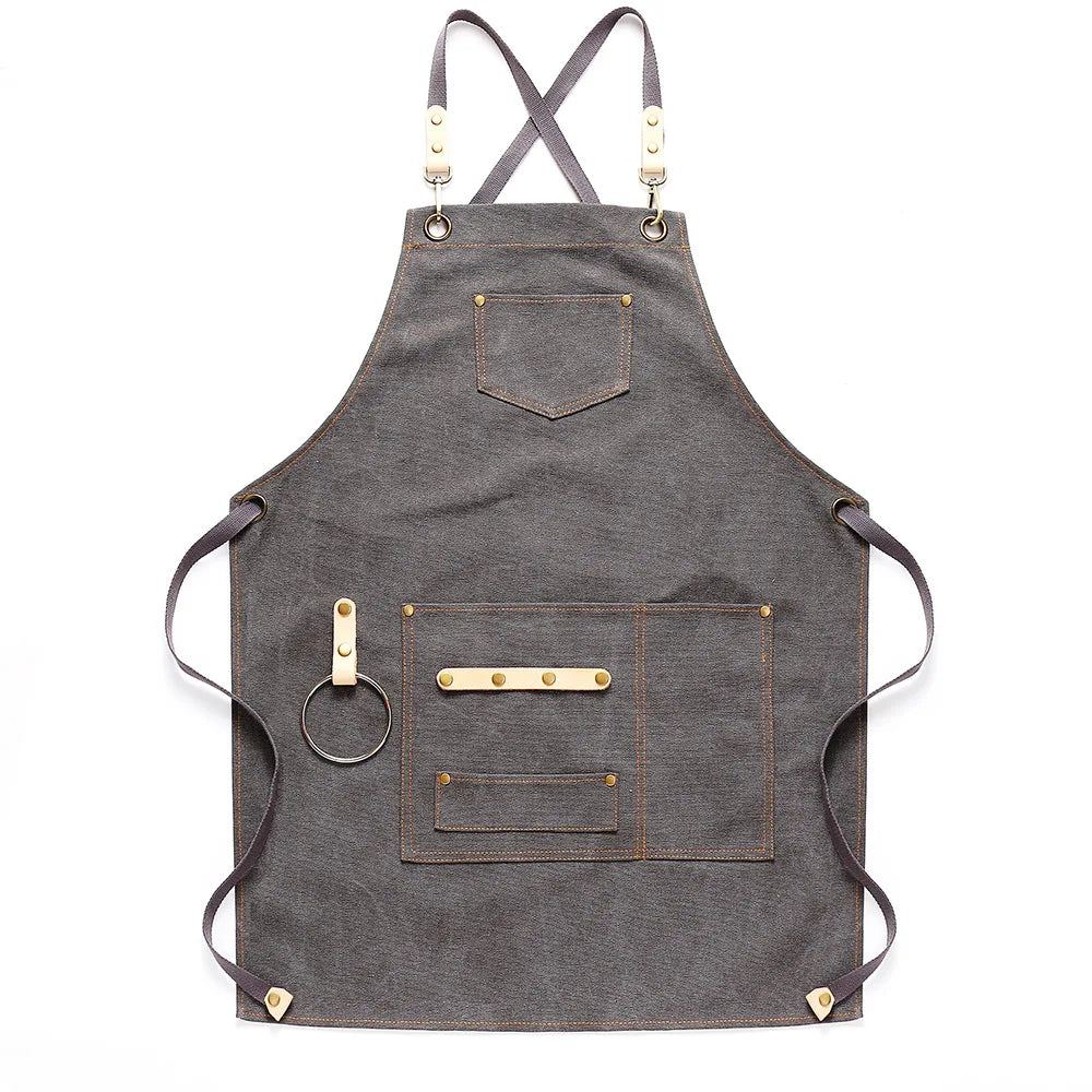 Canvas Bib Fabric Chef Kitchen Apron Women Men Barista Bartender Pockets Home Barber Coffee Restaurant Protective Pinafore