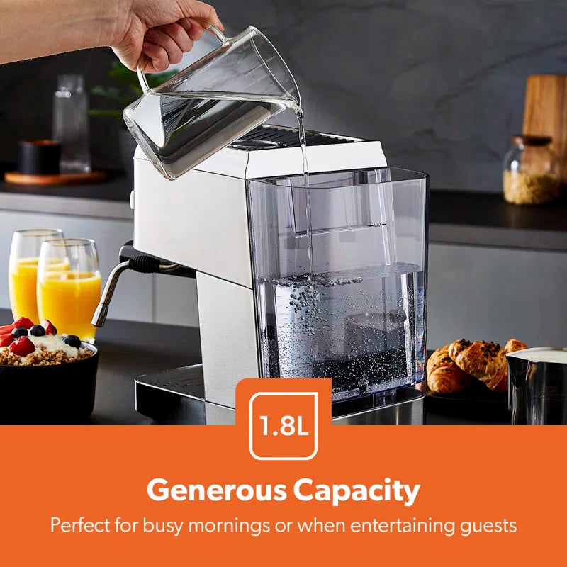 Espresso & Cappuccino Coffee Machine Milk Frother, 15 Bar Pressure- 1.8L Water Tank, 1140W - Silver